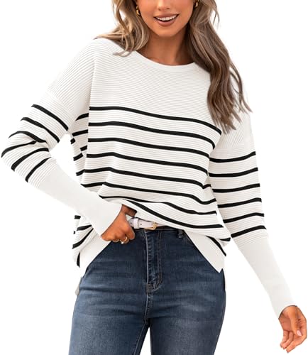 BTFBM Women Winter Sweater Oversized Sweater Long Sleeve Pullover Tops Loose Fit Christmas Sweater(Striped White Black,X-Large)