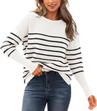 BTFBM Women Winter Sweater Oversized Sweater Long Sleeve Pullover Tops Loose Fit Christmas Sweater(Striped White Black,Large)