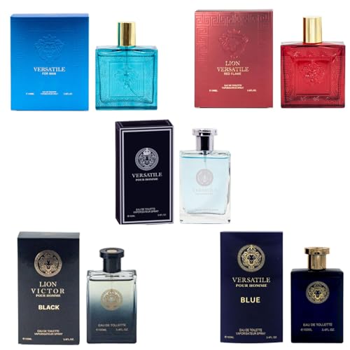 Lion Versatile Cologne for Men (3.4oz/100ml x 5pcs), Impression of Eros, Red Flame, Dylan Blue, Pour Homme & Oud Noir, Edt, (Pack of 5)