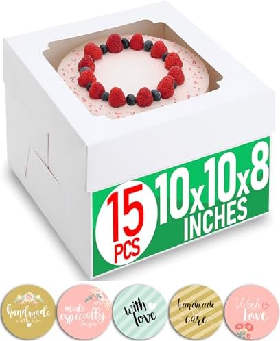 10x10x8 Bulk 15 Pcs Tall Multi-Layer Cake Boxes 10 Inch with Window Clear Bakery Box Square White Large Disposable Pie Boxes Package for Bake Decorating Supplies Pastry Box (80 Pcs Stickers)
