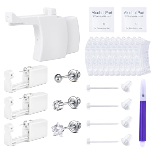 QWALIT Disposable Ear Piercing Kit Silver Ear Piercing Gun Kit Self Piercing Earrings Piercing Kit Earring Gun Piercing Kit with Earring Studs Self Ear Piercing Kit Flat Back at Home
