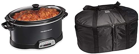 Hamilton Beach Portable 7-Quart Programmable Slow Cooker With Lid Latch Strap, Black (33474) & Hamilton Beach Travel Case & Carrier Insulated Bag for 4, 5, 6, 7 & 8 Quart Slow Cookers (33002),Black