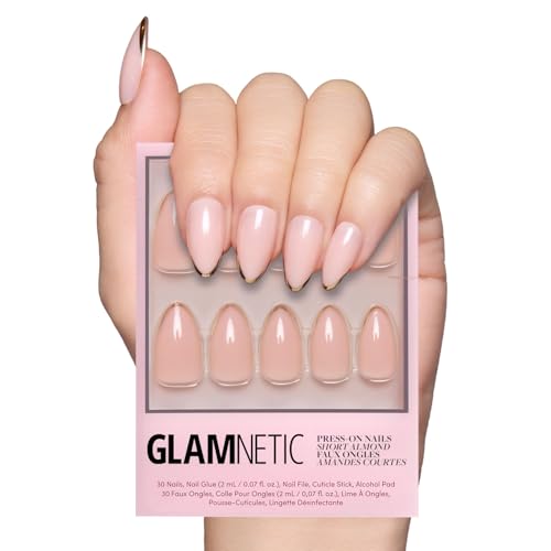 Glamnetic Press On Nails - Gold Standard | Short Almond Nails with Gold French Tips, Reusable Stick On Fake Nails with Glue | Love In Bloom Spring Nails | 15 Sizes - 30 Nail Kit with Glue