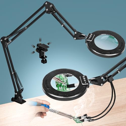 Ultra Long 3-Section Swing Arm 12X Magnifying Glass with Light and Stand, 5 Colors Helping Hands Magnifying Lamp, 4-Way Large Metal Clamp LED Lighted Magnifier Lamp for Craft Workbench Repair