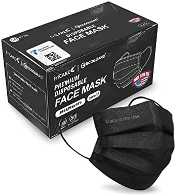 FriCARE Made in USA Disposable Face Masks, 4-Ply ASTM Level 3 Medical Grade, FSA/HSA Eligible, Breathable & Comfortable for Allergy/Sun Protection, 50 Pack Black
