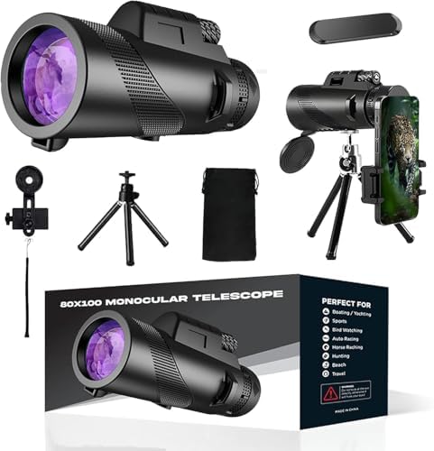 80x100 Monocular Telescope High Power – HD Monocular with Smartphone Adapter, Tripod & Bonus Magnetic Car Phone Holder for Bird Watching, Stargazing, Hunting, Camping, and Travel (Black)