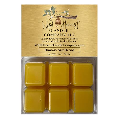 Banana Nut Bread Scented, 1-Pack Pure Beeswax Melts for Warmers, Wild Harvest Candle Company, 3 oz Beeswax Tarts Cubes, Hand Poured Made in USA, Phthalate Free