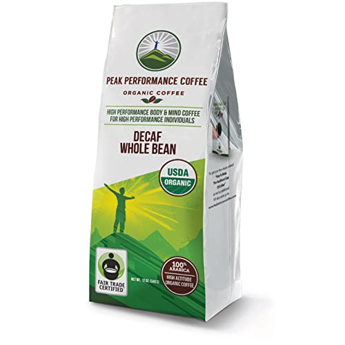 Peak Performance High Altitude Organic Decaf Coffee. Fair Trade, Low Acid, Non GMO, Beans Full Of Antioxidants. Medium Roast Smooth Tasting USDA Certified Organic Decaffeinated Whole Bean Coffee Bag