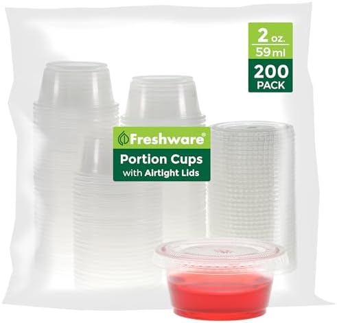 Freshware Plastic Portion Cups with Lids [2 Ounce, 200 Set] Disposable Plastic Cups for Meal Prep, Salad Dressing, Jellos Shot Cups, Souffle Cups, Condiment and Dipping Sauce Cups