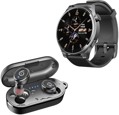 TOZO S5 Smartwatch (Answer/Make Calls) Sport Mode Fitness Watch, Black + T10 Wireless Bluetooth in-Ear Headphones Black
