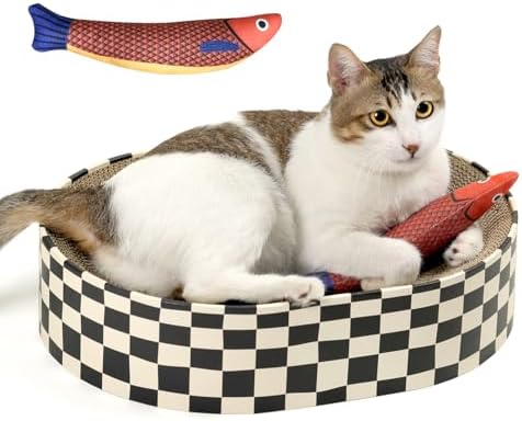 Cat Scratcher Bed,2 in 1 Oval Cat Scratching Board for Indoor,Scratch Pad Corrugated Cardboard Lounge Bowl Nest Couch Sofas for Kitty Play&Rest,Holiday Birthday Gift with Kittens Toy Fish