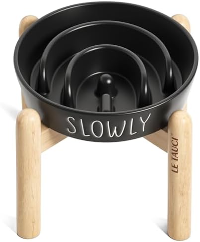 Ceramic Slow Feeder Dog Bowls Elevated, 3 Cups Raised Dog Bowl with Wooden Stand for Medium Large Breed, Dog Dishes to Slow Down Eating, Puzzle Dog Food Bowl,Black