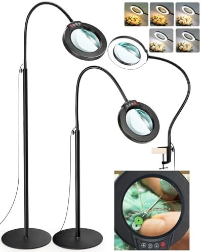 10X Magnifying Glass with Light and Stand, 3-in-1 LED 5 Color Modes Stepless Dimmable Magnifying Floor Lamp，24" Flexible Gooseneck Lighted Magnifier for Reading,Close Work,Sewing,Crafts,Esthetican