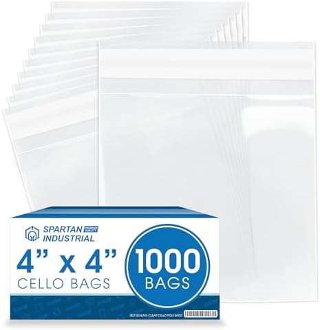 Spartan Industrial - 4" X 4" (1000 Count) Crystal Clear Resealable Cello Poly Bags for Jewelry, Treats, Party Favors - Self Seal