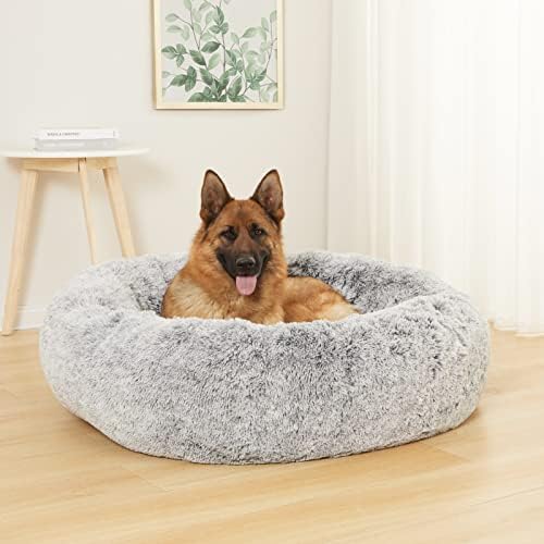 Bedfolks Calming Donut Dog Bed, 45 Inches Round Fluffy Dog Beds for Extra Large Dogs, Anti-Anxiety Plush Dog Bed, Washable Pet Bed with Non-Slip Bottom (Dark Grey, Extra Large)