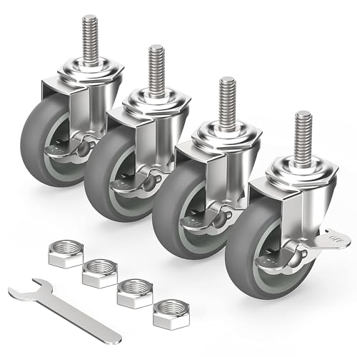 HOLKIE Caster Wheels 3 inch Locking Stem Casters, 3/8" -16 x 1-1/2" (Stem Diameter 3/8", Stem Length 1-1/2") Threaded Stem Casters Swivel Casters Set of 4 Heavy Duty Castors Gray
