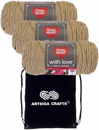 Red Heart with Love Tan E400-1308 (3-Skeins - Same Dye Lot) Worsted Medium #4 Acrylic Yarn for Crocheting and Knitting with Project Bag