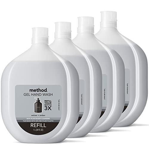 Method Premium Gel Hand Wash Refill, Vetiver + Amber, Recyclable Bottles, Biodegradable Formula, 34 fl oz (Pack of 4) (Packaging May Vary)