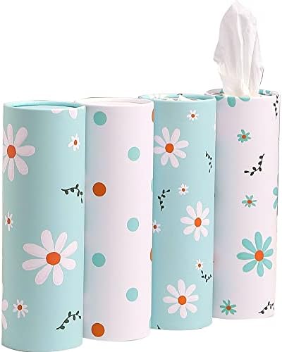 Car Tissue Holder with Facial Tissues Bulk - 4 PK Car Tissues Cylinder, Tissue Holder for Car, Travel Tissues for Car Cup Holder, Refill Car Tissue Box Round Container