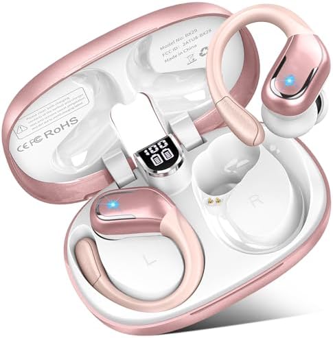 Wireless Earbuds, 75Hrs Bluetooth 5.4 Headphones Sport, Bluetooth Earbuds with ENC Noise Canceling Mic, Bass Stereo Wireless Earphones IP7 Waterproof Over Ear Buds with Earhooks for Running, Rose Gold