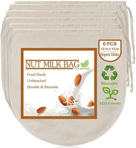 6 PCS 12"x12" Nut Milk Bags - 100% Unbleached Cotton Cheesecloth, Reusable Food Strainer Colander For Straining Almond/Oat Milk, Celery Juice, Cold Brew Coffee, Yogurt and Cheese Making