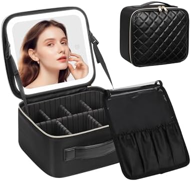 Chomeiu Makeup Bag with LED Mirror, Travel Makeup Case for Women and Makeup Artists Cosmetic Organizer Large Make Up Bags with Light Up Mirror, 3 Color Lights and Adjustable Dividers, Quilted Black