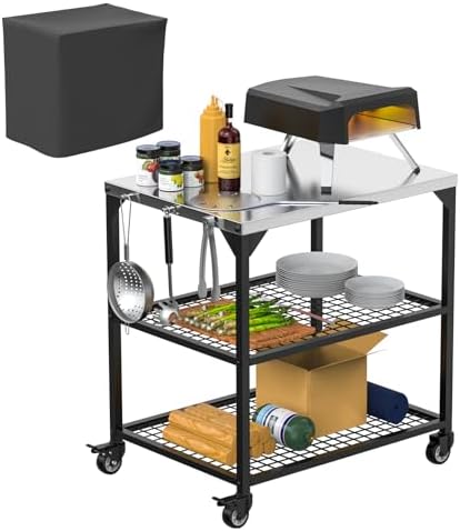 SafBbcue Outdoor Pizza Oven Table for Ooni, Blackstone, Cuisinart, Ninja Woodfire Grill Stand, Stainless Steel Rolling Kitchen Prep Island Cart with Wheels and Cover, Movable BBQ Work Grill Table