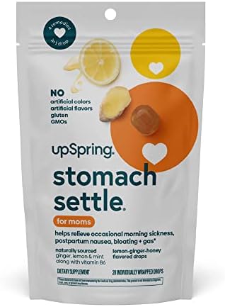 UpSpring Stomach Settle for Moms Drops for Occasional Morning Sickness with Ginger, Lemon, Spearmint, and B6. Individually Wrapped Drops, 28 Ct(Packaging May Vary)