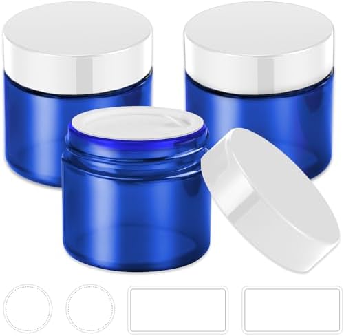 2 oz Glass Jars with Lids, Bumobum 3 pack Small Jar with White Lids, Blank Labels & Inner Liners, 60 ml Empty Round Cosmetic Containers for Sample, Powder, Cream, Lotion, Spice Cobalt Blue