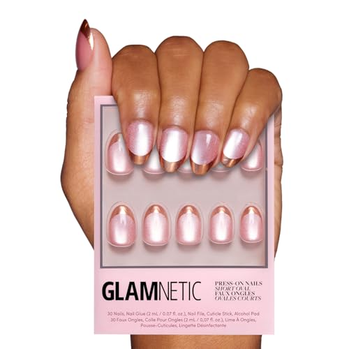 Glamnetic Press On Nails - Caramel Apple | Short Oval Sparkly French Tip Fake Nails, Velvet Finish, Reusable | 15 Sizes - 30 Nail Kit with Glue