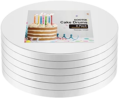 Kootek Cake Boards Drums 8 Inch Round, 1/2" Thick Decorating Supplies White 6-Pack Sturdy Corrugated Cardboard Base, Base para Pastel