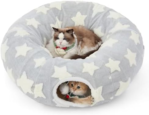 Lesure Cat Tunnel Bed for Indoor - Cute Cat Donut Tunnel with Washable Circle Cushion, Round Pet Peekaboo Cave Toy for Kitten/Puppy/Rabbit, Grey