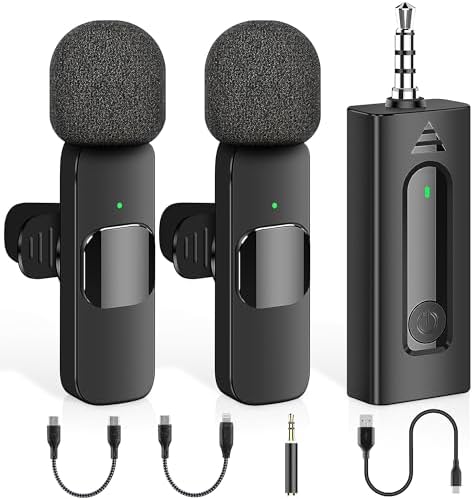 4 in 1 Professional Wireless Lavalier Microphone - 2 Pack Mini Microphone for iPhone Android Camera, Noise Reduction Lapel Mic Ultra Low Delay for Video Recording, YouTube, Interview, Tiktok and Vlog