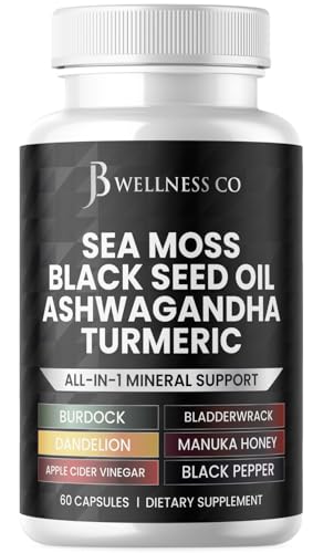 Sea Moss 3000mg Black Seed Oil 2000mg Ashwagandha 1000mg Turmeric 1000mg Bladderwrack 1000mg Burdock 1000mg & Vitamin C Vitamin D3 with Elderberry Manuka Dandelion Yellow Dock Iodine- 60 Count
