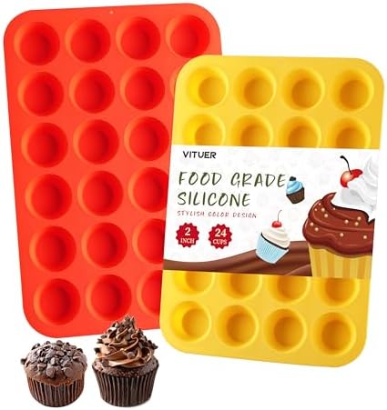 2PCS Silicone Mini Muffin Cupcake Pan, Non-Stick 24-Cavity Silicone Muffin Pans for Baking, Great for Making Muffin, Cakes, Tart, Bread, BPA Free, Dishwasher Safe (Red+Yellow)