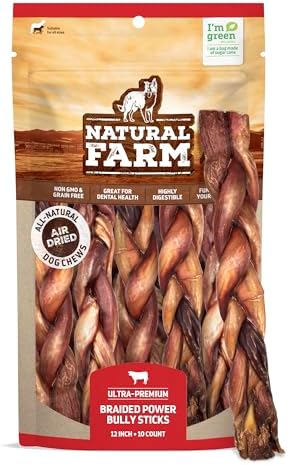 Natural Farm Braided Power Bully Sticks Dog Chews (12”, 10-Pack), 2-in-1 Power Chews: Premium Beef Cheek Wrapped in Beef Pizzle, Braided Together for a Very Long Lasting Chew, Great for Large Dogs