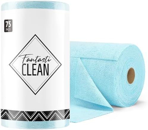 Fantasticlean Microfiber Cleaning Cloth Roll -75 Pack, Tear Away Microfiber Towels, 12" x 12", Reusable, Washable, Scratch Free, Ultra Absorbent Dish Rags for Car, Home, Garage or Shop (Blue)