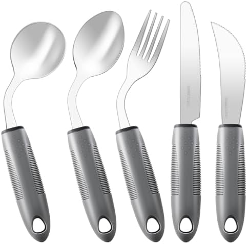 Adaptive Utensils,Weighted Utensils for Hand Tremors,Utensils for Parkinsons Patients,Elderly,Arthritis,Weak Hand Grip,Tremors&Handicapped.Stainless Steel Knife,Fork and Spoons Set (5pcs Left-Handed)