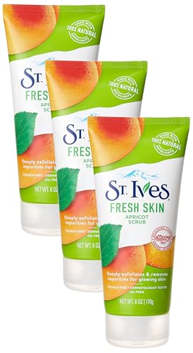 St. Ives Fresh Skin Face Scrub Deeply Exfoliates for Smooth, Glowing Skin Apricot Dermatologist Tested, Made with 100% Natural Exfoliants 6 oz (Pack of 3)