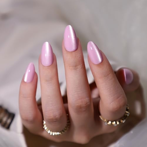 Pink Cat Eye Press on Nails Almond - Soft Gel Valentines Press on Nails Short for Women Gift, Natural Fit & Glossy Stick on Nails with Glue in 16 Sizes - 32 Reusable Fake Nails, Cat Eye Pink