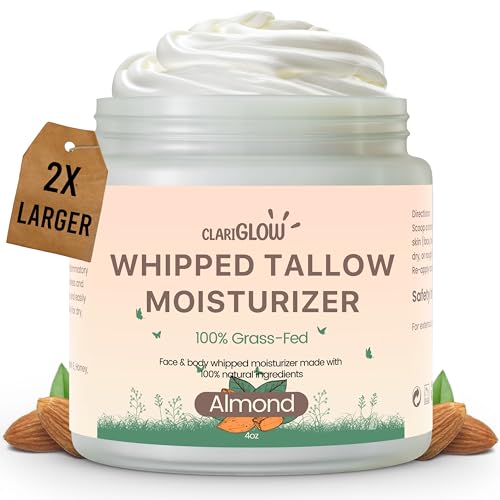Whipped Beef Tallow Face Moisturizer | 100% Grass Fed Beef Tallow Skin Face Balm Cream | Lotion Balm Body Moisturizer with Honey & Almond | 4 oz | Natural Skin Care