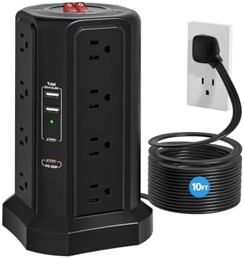 Surge Protector Power Strip Tower 16 Outlets and 4 USB Ports PD 20W, 10FT Extension Cord with Multiple Outlets, Flat Plug Power Strip 1625W Overload Protection for Home Office Essentials