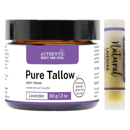 Organic Tallow Cream with Lavender + Frankincense -Zero Toxins Beef Tallow, All Purpose Tallow Face + Body Cream with Lip Balm - Deeply Hydrating + Soothing. Certified Grass-Fed by AGW (Lavender 2oz)