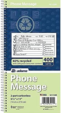 Adams Recycled Phone Message Book, 2-Part Carbonless, 4 Messages per Page, 400 Sets/Book (SC1154R) , White