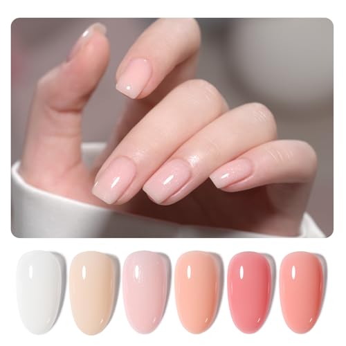 GAOY 6 Colors Rubber Base Gel Set, Jelly Builder Base Nail Gel Sheer Nude White Pink, 2-in-1 Soak Off Base Gel Nail Strengthener, Petal Whisper