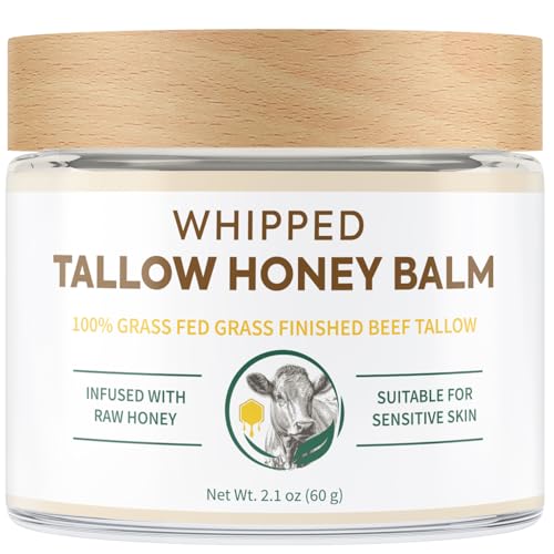 Beef Tallow for Skin with Honey Organic: 100% Grass-Fed Whipped Beef Tallow Balm for Deep Hydration, Skin Barrier Repair, Soothing - Tallow Moisturizer for Face & Body for Women, Men & Kids (2.1 oz)