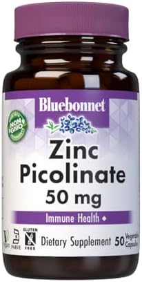Bluebonnet Nutrition Zinc Picolinate, Hormonal & Immune, Prostate Health, Skin, Vegan, Non GMO, Gluten, Soy & Milk Free, Kosher, White, 50 Count