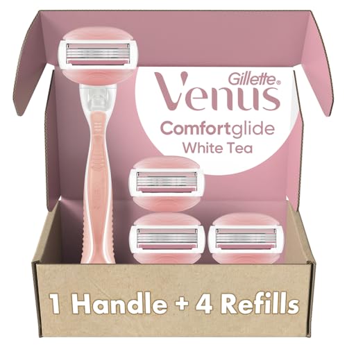 Gillette Venus ComfortGlide White Tea Women's Razor, Pivoting Head, Gel Bar, No Shave Cream Required, 3 Bladed for Smooth Shave, 1 Handle + 4 Blade Refills