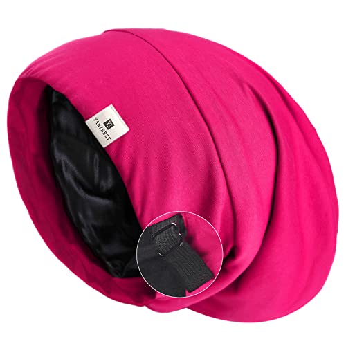 YANIBEST Silk Satin Bonnet Hair Cover Sleep Cap - Hot Pink Adjustable Stay on Silk Lined Slouchy Beanie Hat for Night Sleeping
