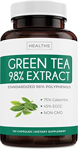 Green Tea Extract Capsules 98% with EGCG - 120 Count (Non-GMO) for Natural Metabolism Boost - Leaf Polyphenol Catechins - Antioxidant Supplement - Green Tea Pills - 1000mg (500mg per Capsule)